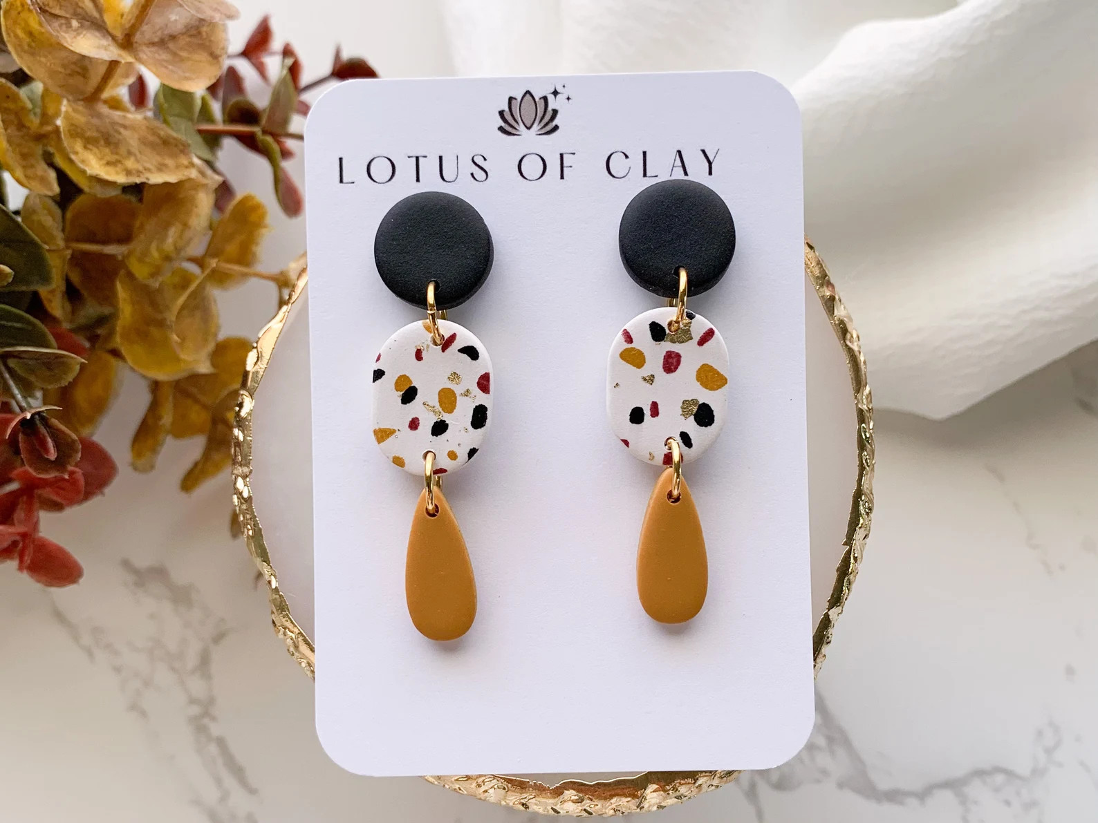 Mustard yellow and black clay earrings, long drop earrings, terrazzo geometric earrings, fall cla... | Etsy (Global)