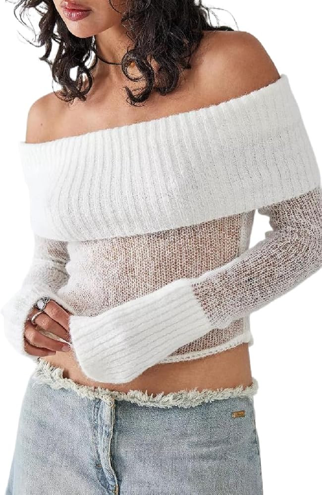 Off The Shoulder Sweater for Women Sexy Long Sleeve Knit Pullover Jumper Slim Fit Crop Tube Top O... | Amazon (US)