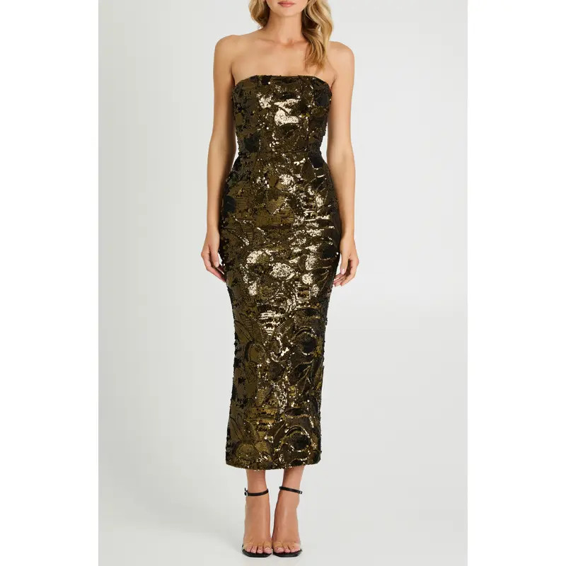 HELSI Leslie Pattern Sequin Strapless Gown in Gold/Platinum at Nordstrom, Size Small | Nordstrom