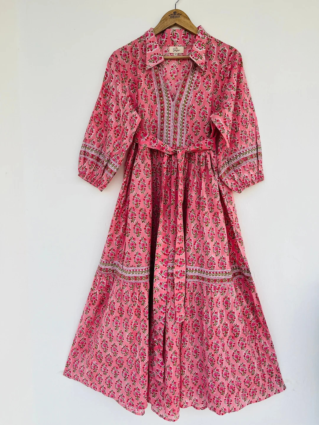 Pure Cotton Maxi Dress - Indian Block Jaipur Pink Print Maxi Dress - Collar Dress - Etsy | Etsy (US)