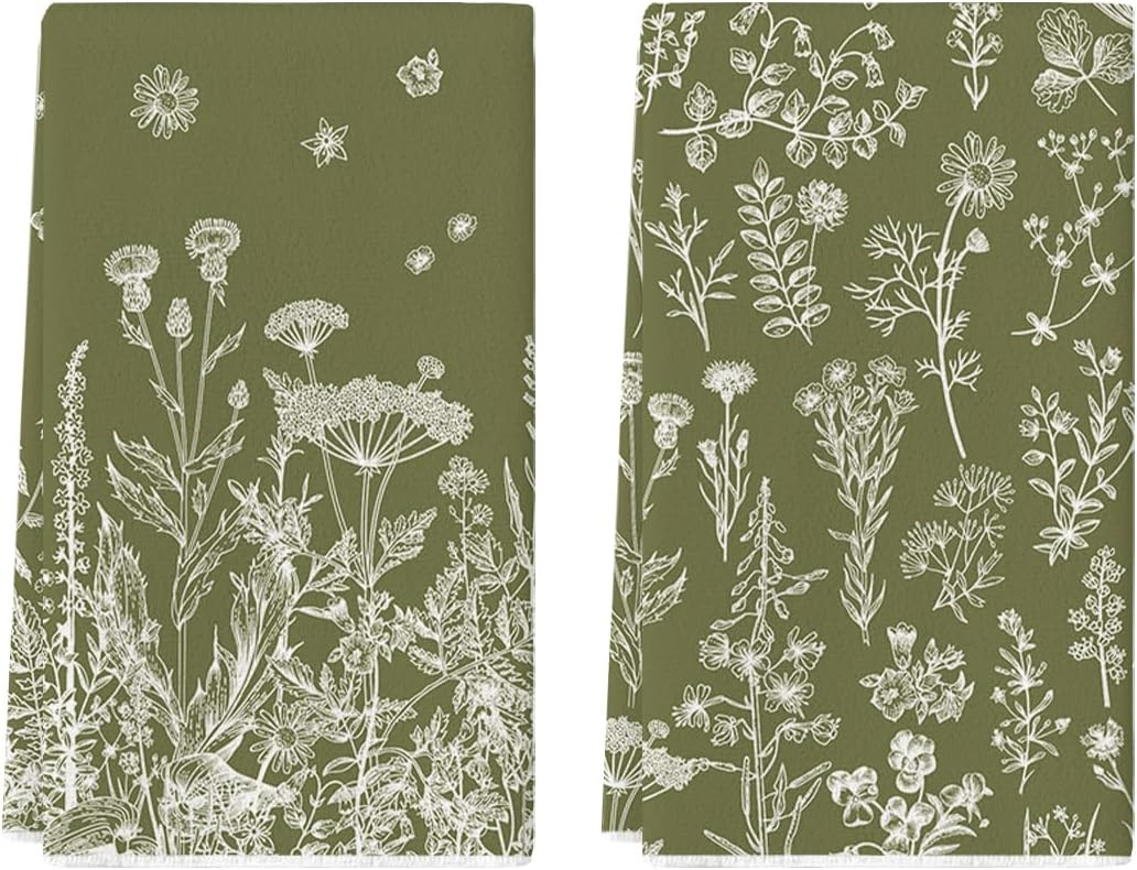 Artoid Mode Green Antique Herbs Wild Flowers Leaves Spring Kitchen Towels Dish Towels, 18x26 Inch... | Amazon (US)