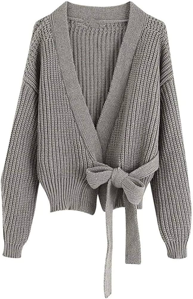 SYXMSM Women Sweater Knitted Cardigan Sashes Sweater Casual Loose Style (Color : Gray, Size : Sma... | Amazon (US)