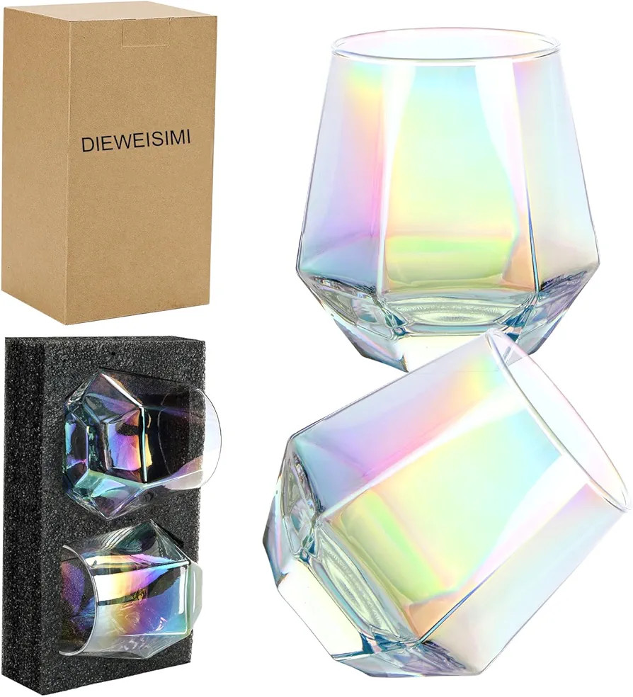 Wine Glasses Set of 2, Diamond Stemless Wine Glasses - Iridescent Glassware | Amazon (US)