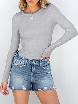 Women's Stretch Ribbed Crew Neck Long Sleeve Shirt, Slim Fit Simple T-Shirt Top, Soft Comfort, Da... | Amazon (US)