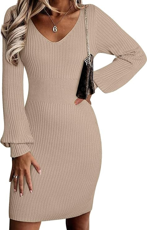 Sidefeel Womens 2025 Fall Winter Ribbed Knit Sweater Dress Casual Long Sleeve Sexy V Neck Bodycon... | Amazon (US)