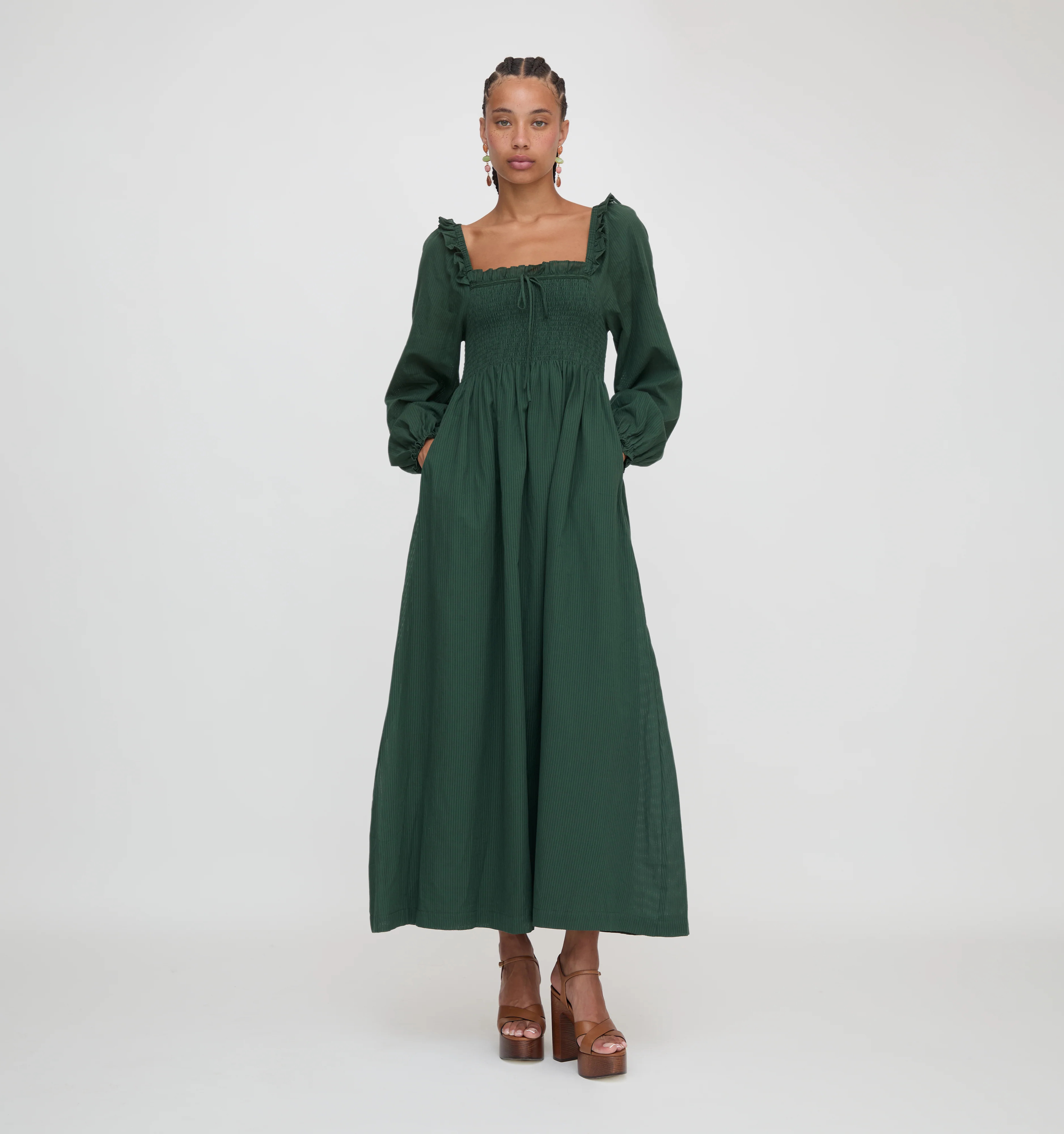 The Scarlett Long Sleeve Nap Dress - Green Shadow Stripe | Hill House Home US