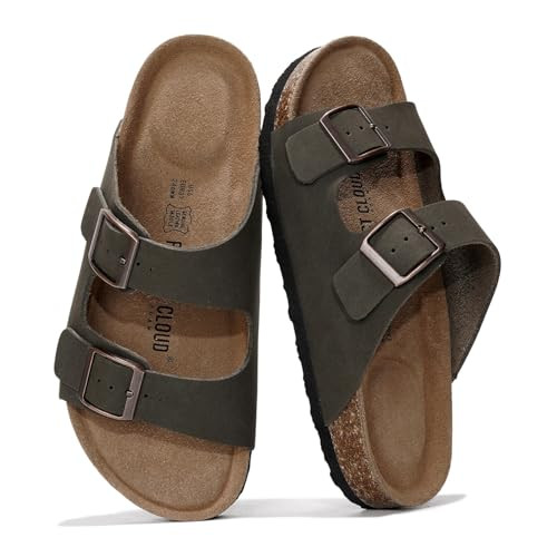 Project Cloud 100% Genuine Leather Flat Sandals For Women 2026 Cork Footbed Womens Sandals with Memory Foam and arch support Vacation Essentials Slides for Women Footwear (Venita, OLIV, 6) | Amazon (US)