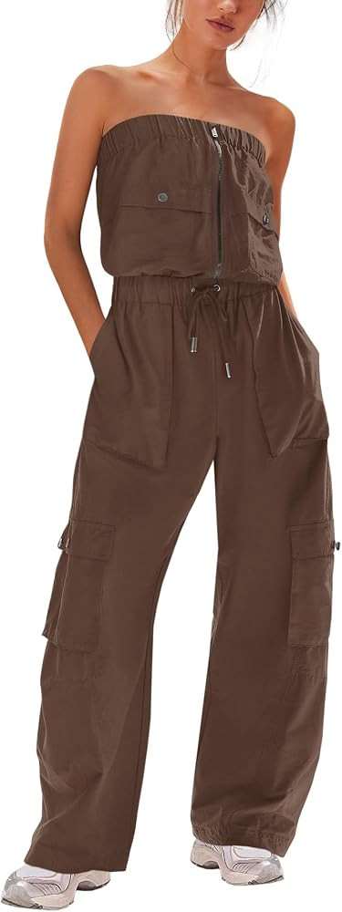 LAMISSCHE Womens Strapless Jumpsuits Cargo Pants Jumpsuits Off The Shoulder Tube Rompers One Piec... | Amazon (US)