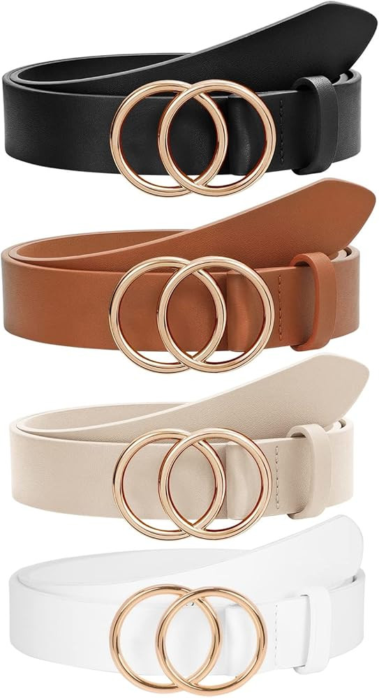 SANSTHS 4 Pack Women Leather Belts Faux Leather Jeans Belt with Double O Ring Buckle | Amazon (US)