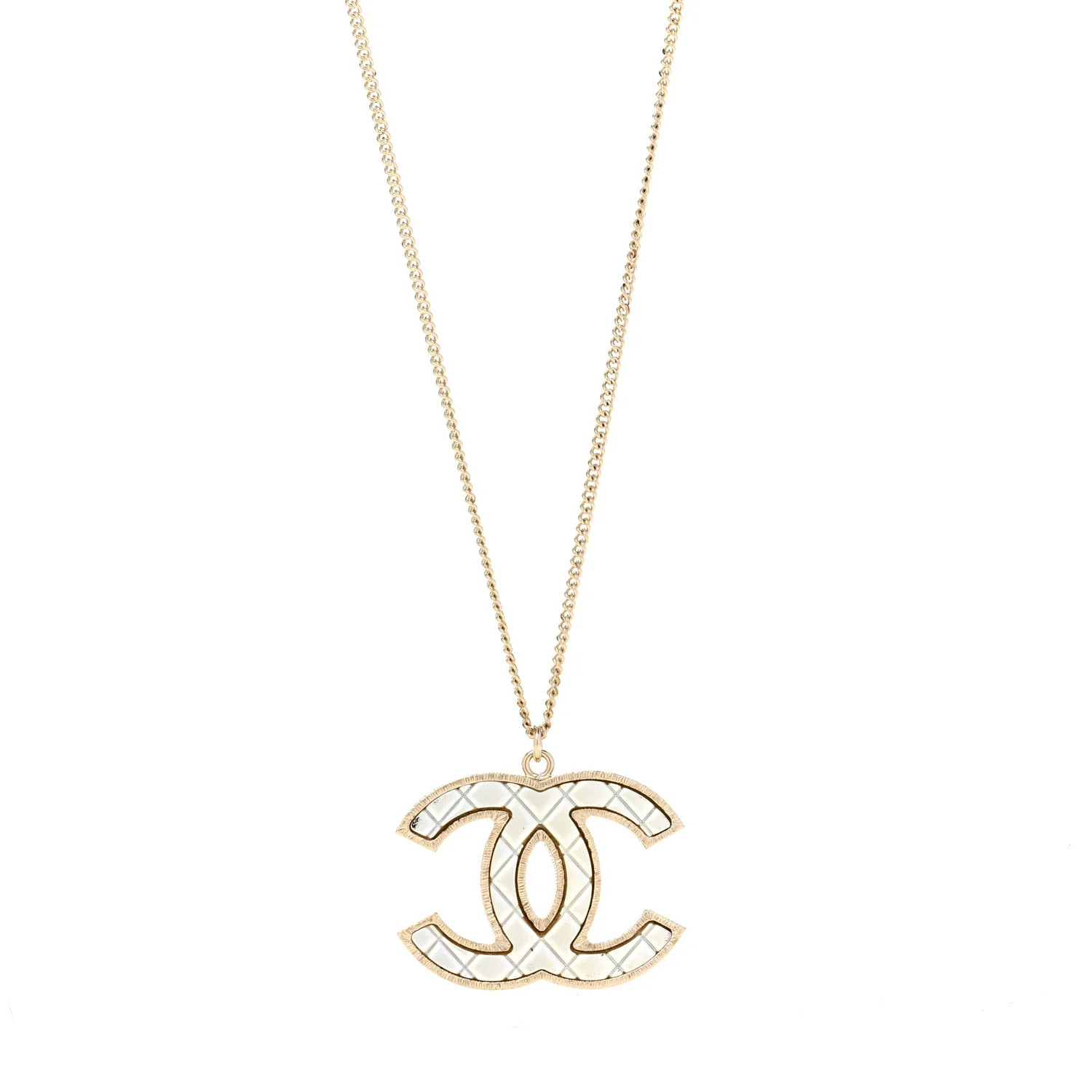 Metal Quilted CC Pendant Necklace Gold White | FASHIONPHILE (US)