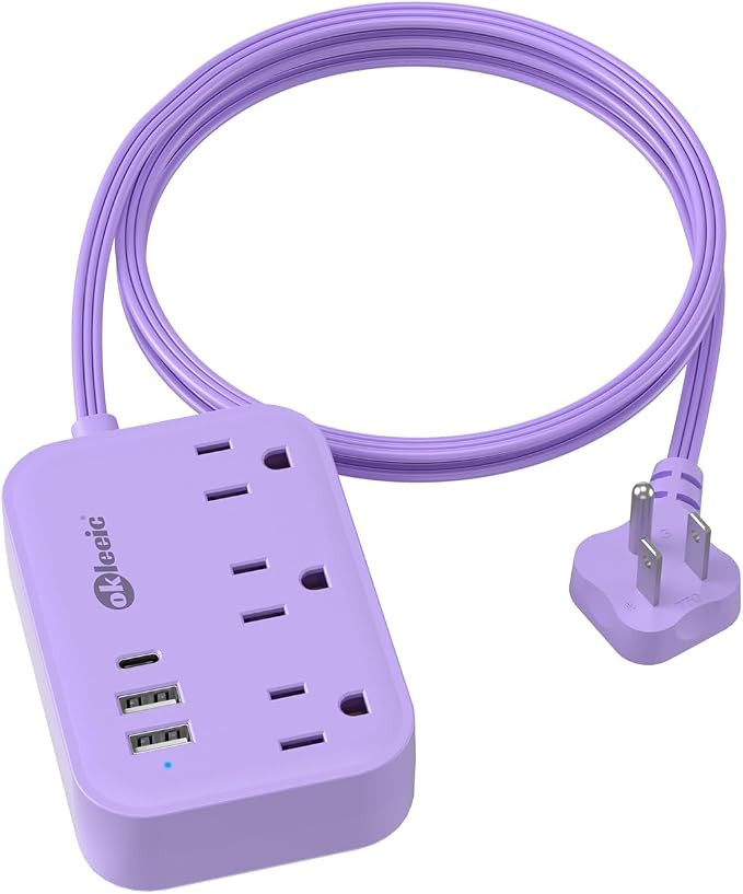 Purple Extension Cord with 3 Outlets & 3 USB(1 USB C), Cute Small Extension Cord 5ft, Travel Powe... | Amazon (US)