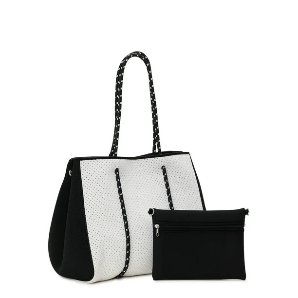No Boundaries Women's 2-Piece Neoprene Beach Tote Handbag with Removable Zipper Pouch, White/Blac... | Walmart (US)