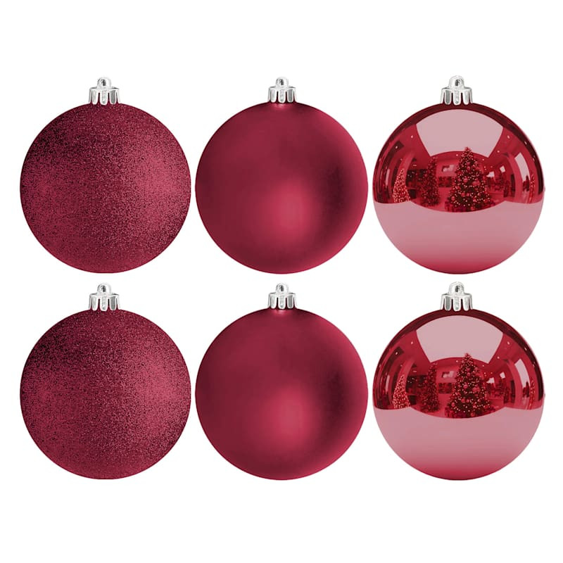 6-Count Burgundy Mix Shatterproof Ornaments, 100mm | At Home