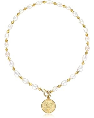 Y2K Pearl Choker Necklace Baroque Cultured Handpicked Pearl 18K Gold Plated Bead Ball Chain Coin ... | Amazon (US)