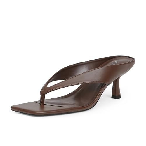 VIUGJNEX Brown Kitten Thong Heels for Women Square Open Toe Heeled for Women Short Small Low Flip Flop Sandals Slip on Stiletto Heels Slingback Strappy Dressy Sandals Chic Comfortable Heel Size 9.5 | Amazon (US)
