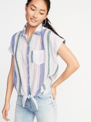 Patterned Tie-Hem Linen-Blend Shirt for Women | Old Navy US