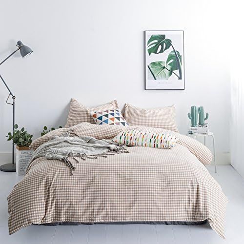 SUSYBAO Tan Gingham Duvet Cover King 100% Washed Cotton Beige Plaid Duvet Cover Set 3 Pieces 1 Ch... | Amazon (US)