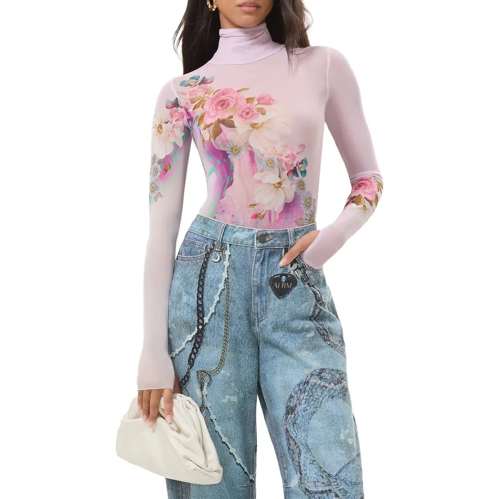 AFRM Zadie Turtleneck Printed Mesh Top in Marble Floral at Nordstrom, Size X-Small | Nordstrom