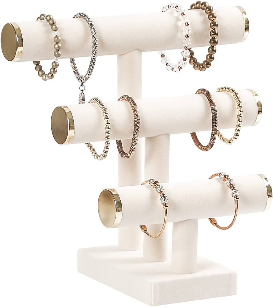 3 Tier Bracelet Holder,Bracelet Display Stand with Metal Cap,Beige White Velvet Jewelry Organizer... | Amazon (US)