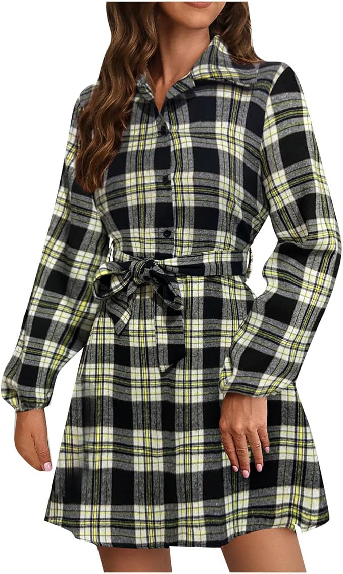 Women's Plaid Button Down Lapel Shirt Dress Fashion Casual Lantern Long Sleeve Mini Belted Dresse... | Amazon (US)