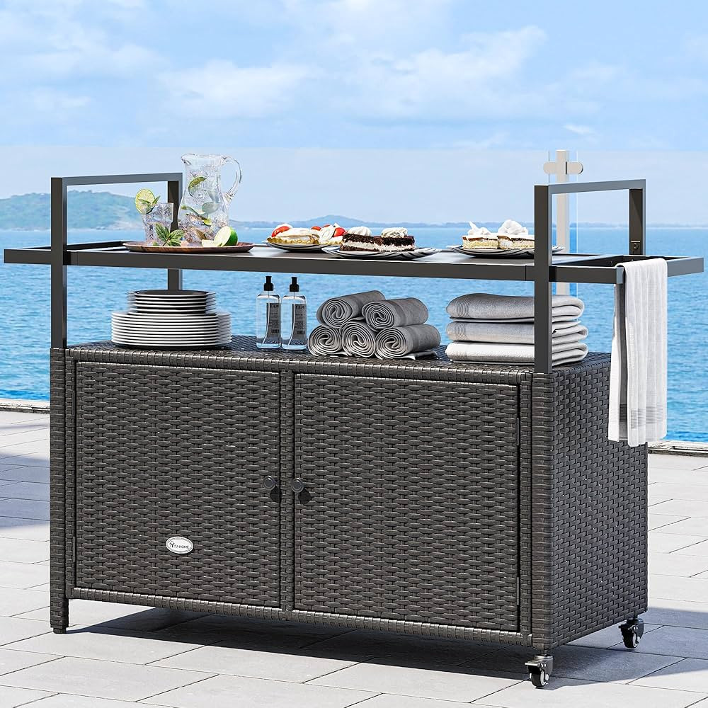 YITAHOME Large Outdoor Kitchen Wicker Island Rolling Cart & Patio Bar Table, w/Wheels and Black G... | Amazon (US)