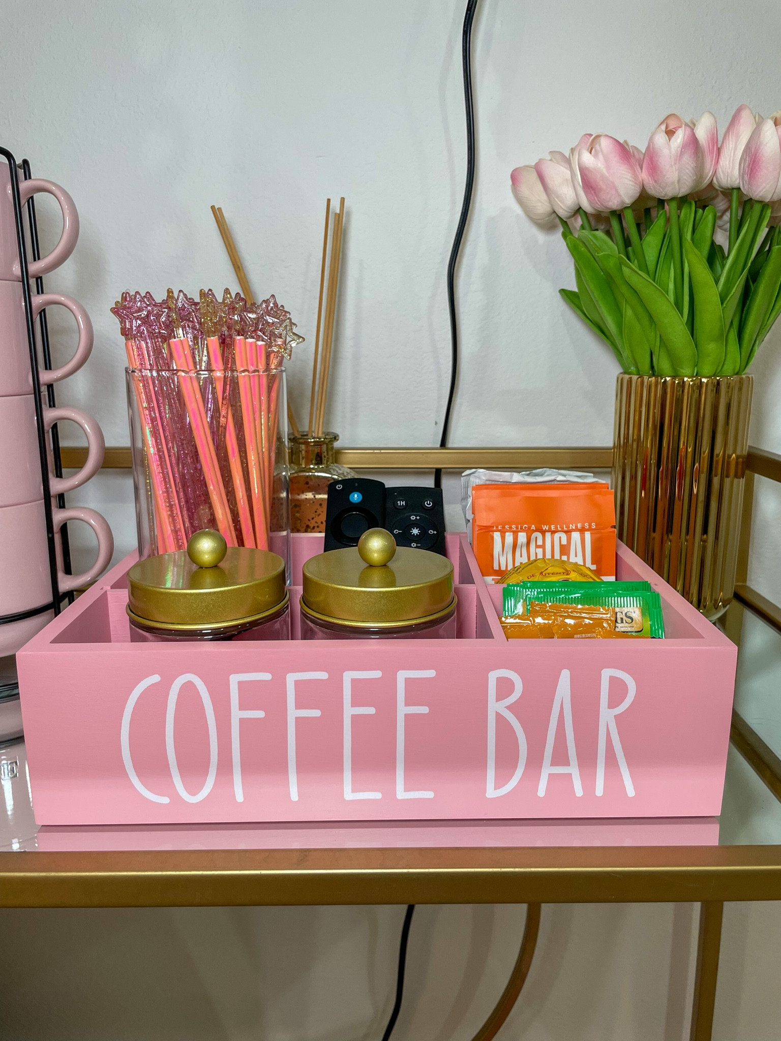 Magical touches — pink coffee bar stocked for every morning mood.