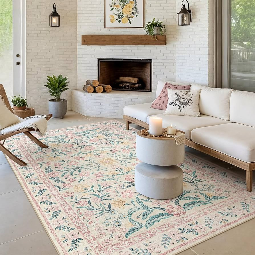 Morebes Floral Pink Rugs for Bedroom Girls, Washable 5x7 Large Area Rug for Living Room Non Slip,... | Amazon (US)