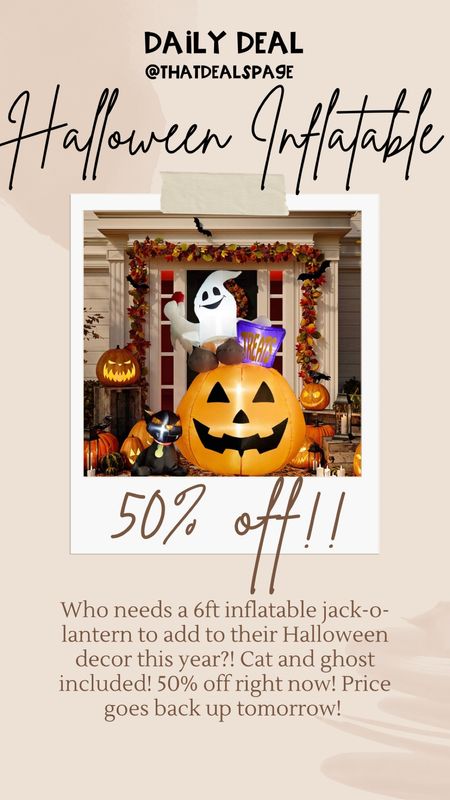Clickable coupon for 50% off on this 6ft Jack-o-lantern inflatable complete with ghost and cat! Coupon comes and goes but is scheduled to disappear tomorrow, October 3rd! Get it while you can!

#LTKHalloween #LTKSeasonal #LTKHoliday