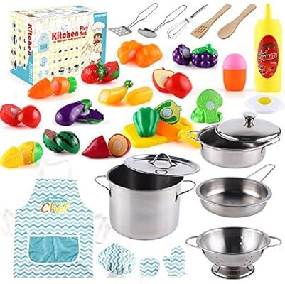 35 Pcs Kitchen Pretend Play Accessories Toys,Cooking Set with Stainless Steel Cookware Pots and P... | Amazon (US)