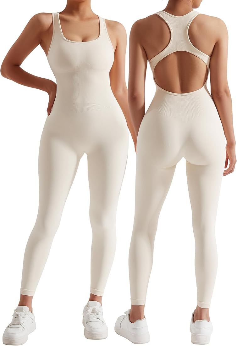 MOSHENGQI Women Racerback One Piece Jumpsuits Sleeveless Backless Bodycon Tummy Control Workout Romp | Amazon (US)