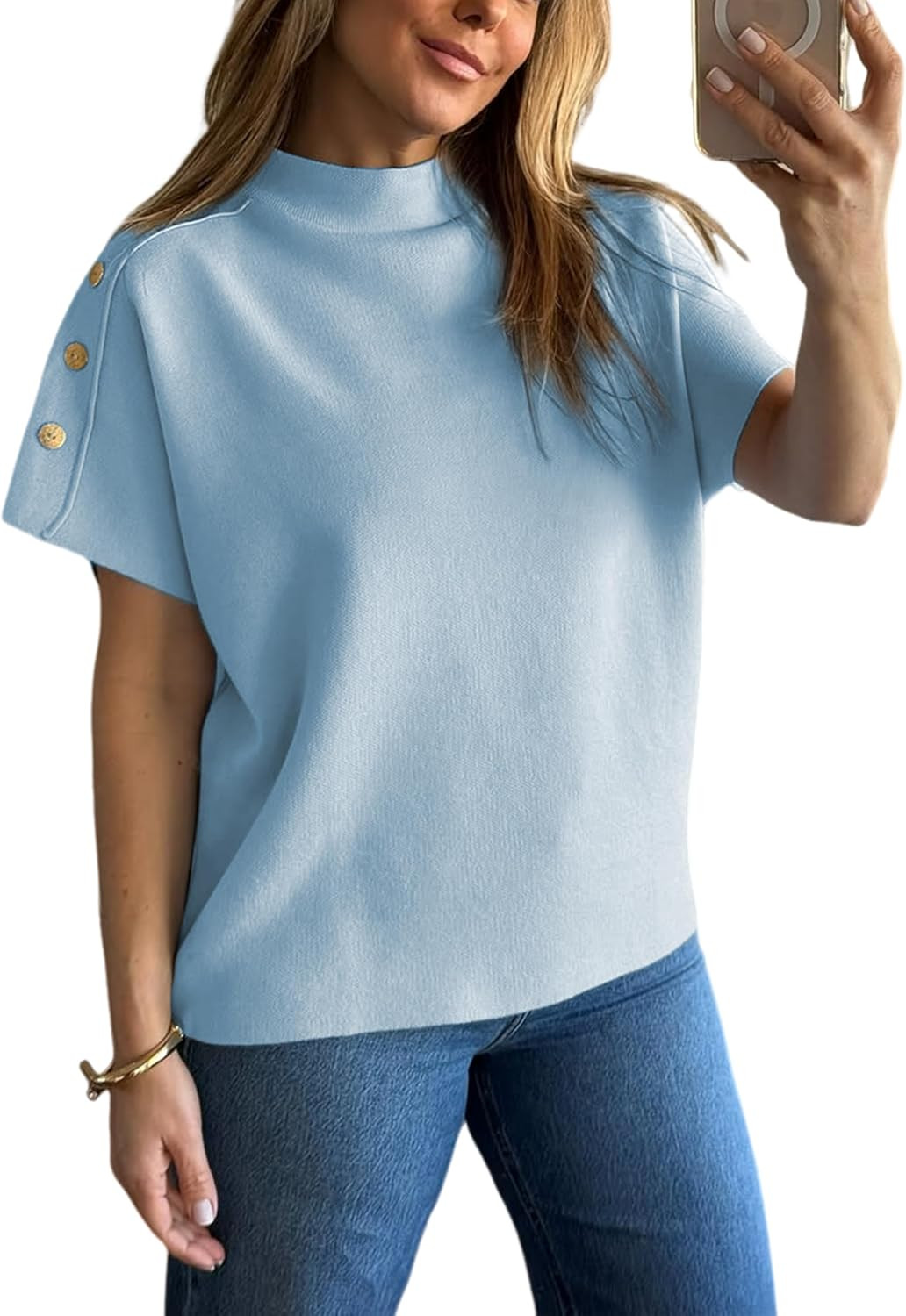 Lianlive Women's Short Sleeve Sweater Top Casual Turtleneck Knit Pullover Tops 2025 Fall Trendy Outfits | Amazon (US)