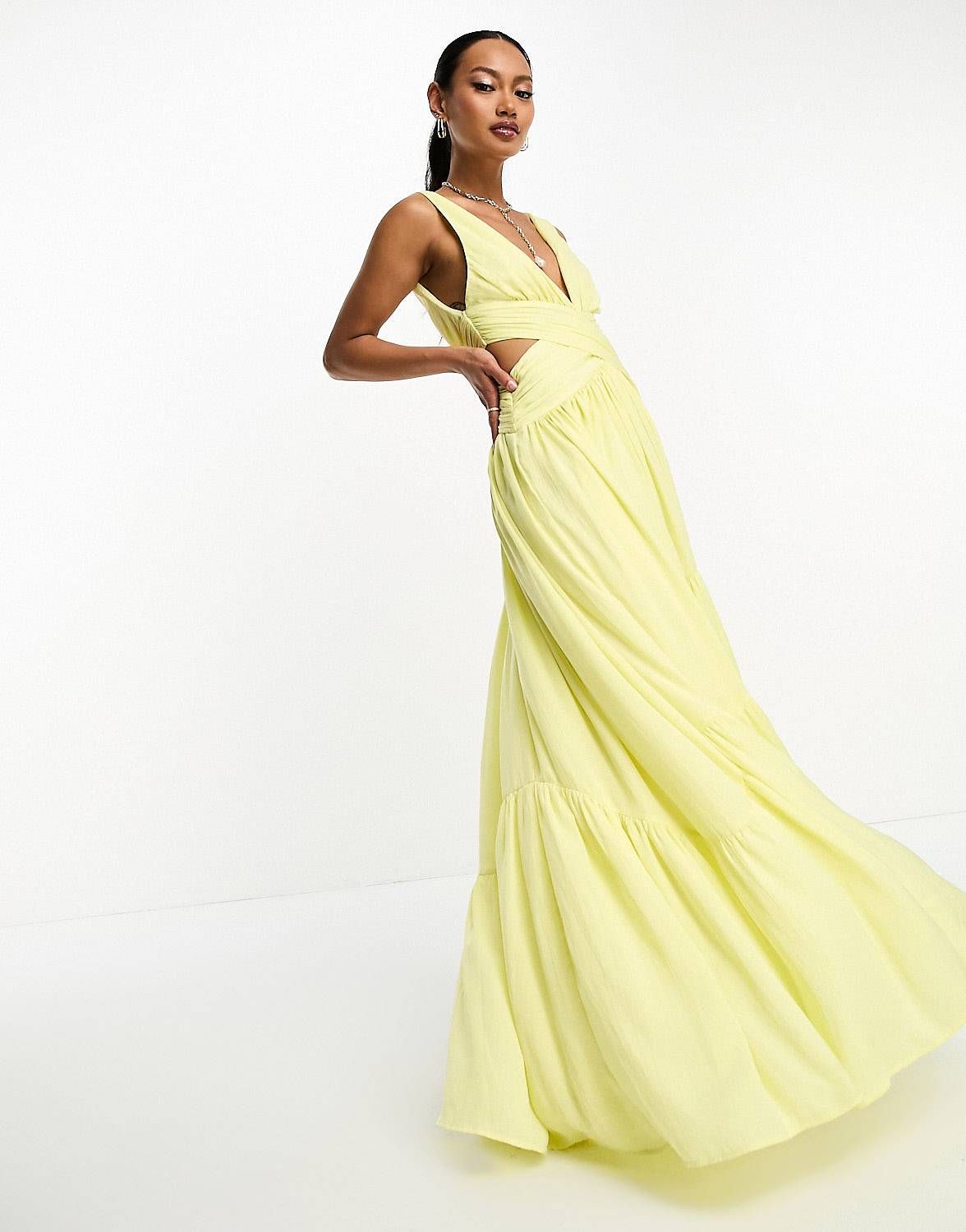 ASOS DESIGN  satin wrap maxi dress with hi low hem in lemon yellow | ASOS (Global)