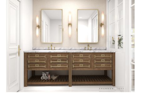 Classic Bathroom designed for privacy and maximam natural light. Check out product info on pivot mirror, sconce lighting, and classic wood vanity with storage.  

#LTKhome