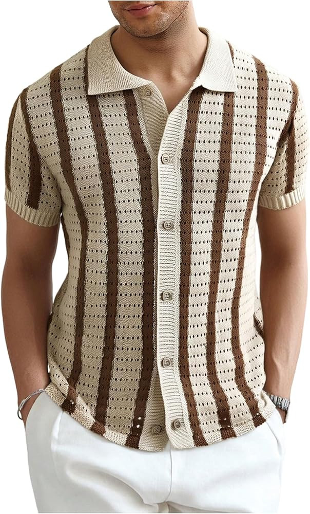 Verdusa Men's Striped Crochet Short Sleeve Sweater Button Down Shirts Hollow Out Collared Knit To... | Amazon (US)