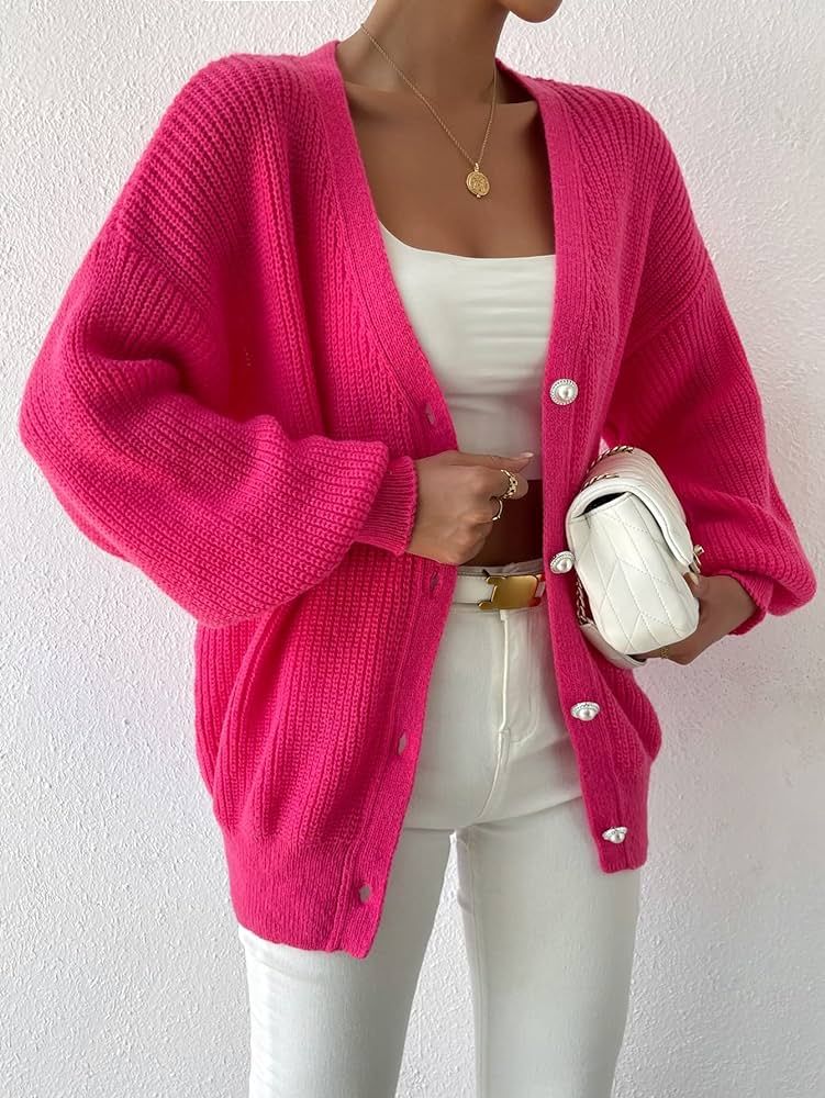 RLOKK Women's Sweater Drop Shoulder Button Front Cardigan Sweater for Women (Color : Hot Pink, Si... | Amazon (US)