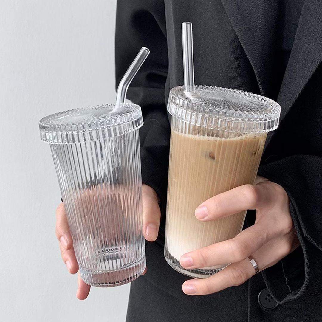 Ripple iced Coffee Glass | Coffee Mug Simple Stripe Glass Cup With Lid and Straw | Tea Cup Juice ... | Etsy (US)