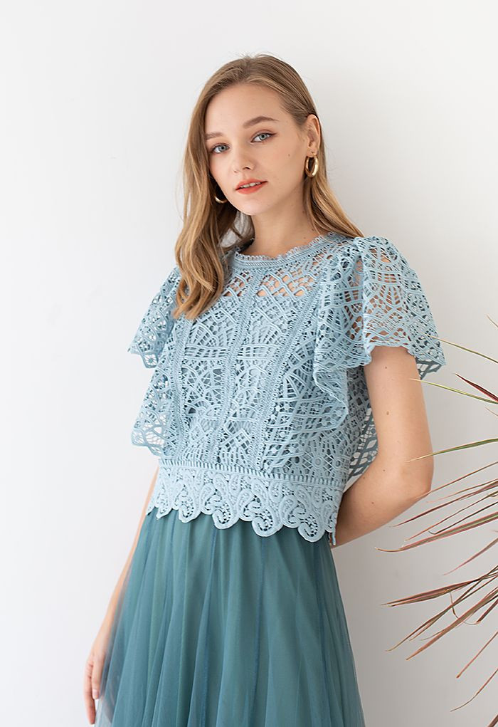 Ruffle Sleeves Full Crochet Crop Top in Dusty Blue | Chicwish