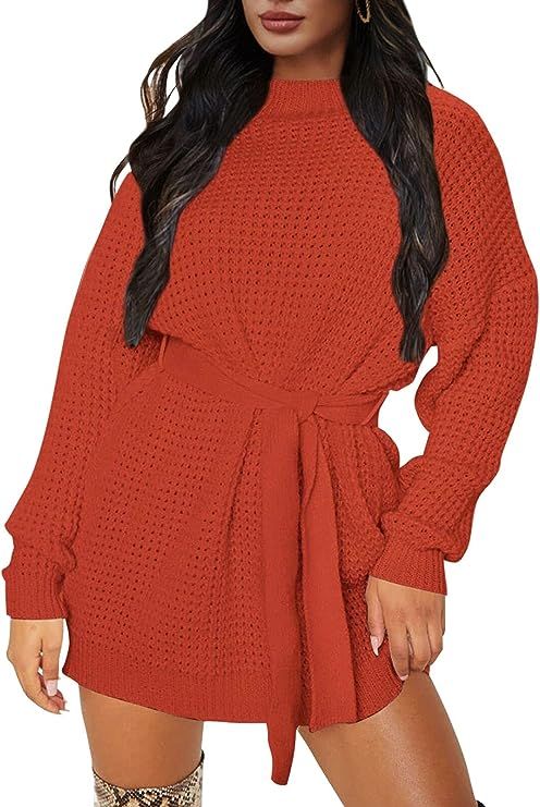 ZESICA Women's Long Sleeve Solid Color Waffle Knitted Tie Waist Tunic Pullover Sweater Dress | Amazon (US)