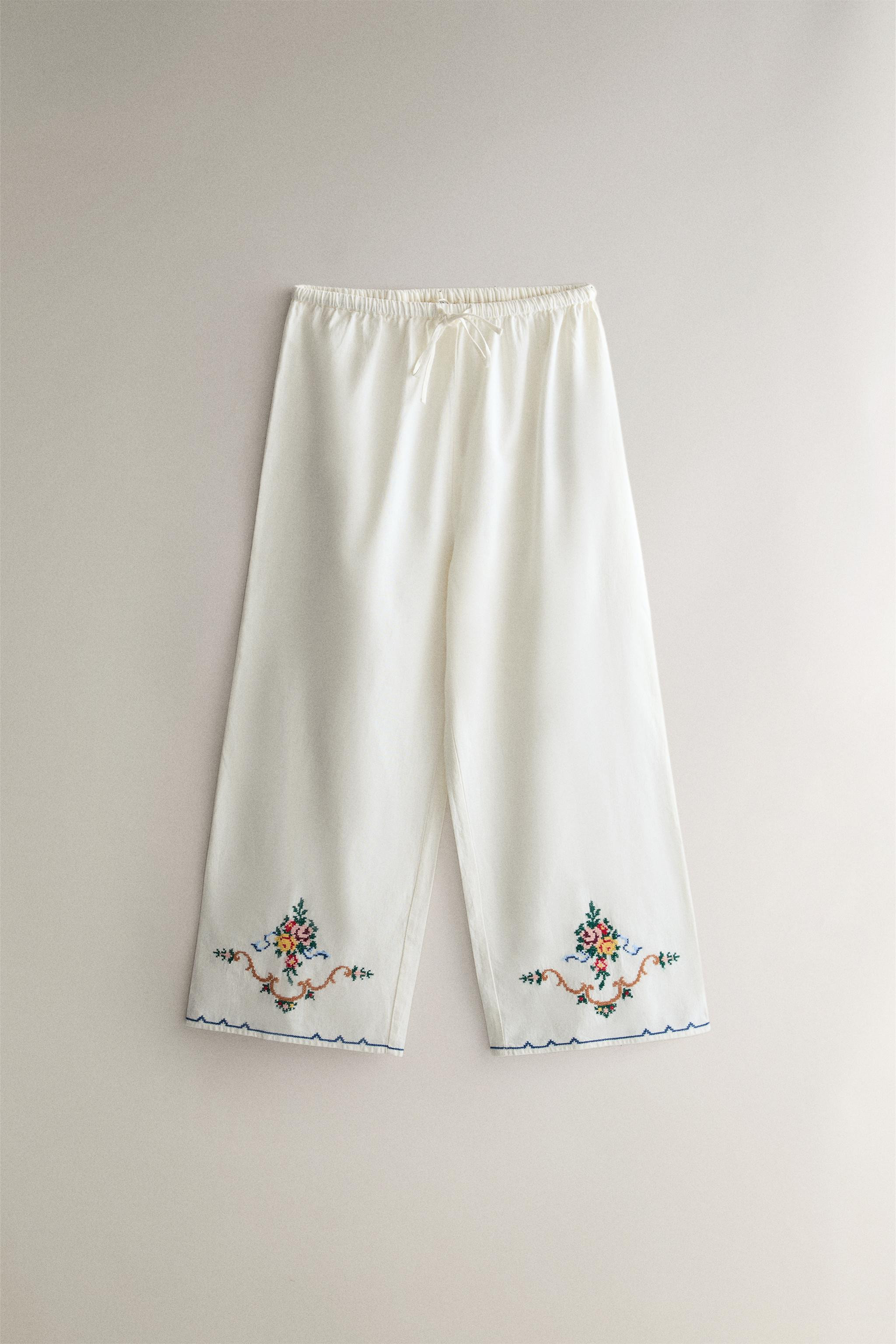 EMBROIDERED COTTON-LINEN TROUSERS | Zara US