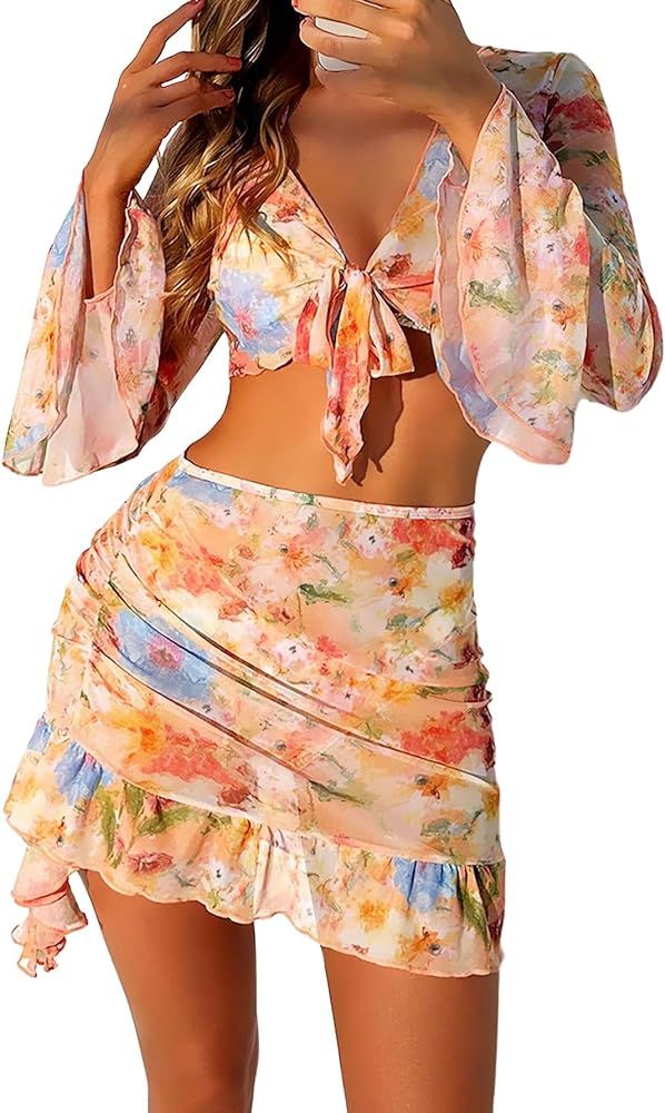 Women's 4 Piece Allover Print Bikini Halter Neck Triangle Set High Cut Bikini Swimsuit Bathing Su... | Amazon (US)