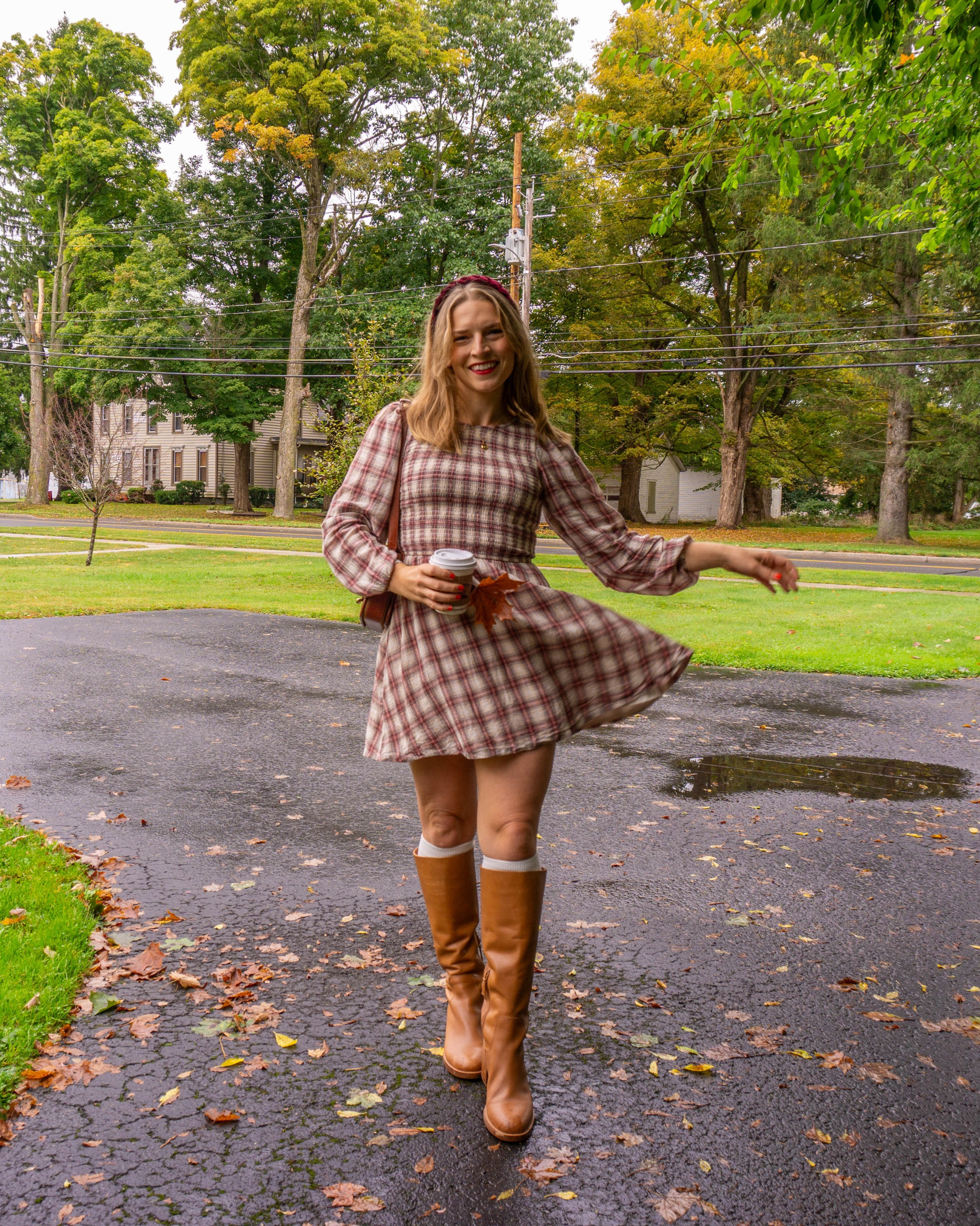 Plaid dress, ootd, affordable fall dress, nap dress, smocked bodice, red, burgundy, headband, leather boots, tall boots, fall outfit, fall fashion, leather bag, Sézane, AE 

#LTKFindsUnder50 #LTKSeasonal #LTKItBag