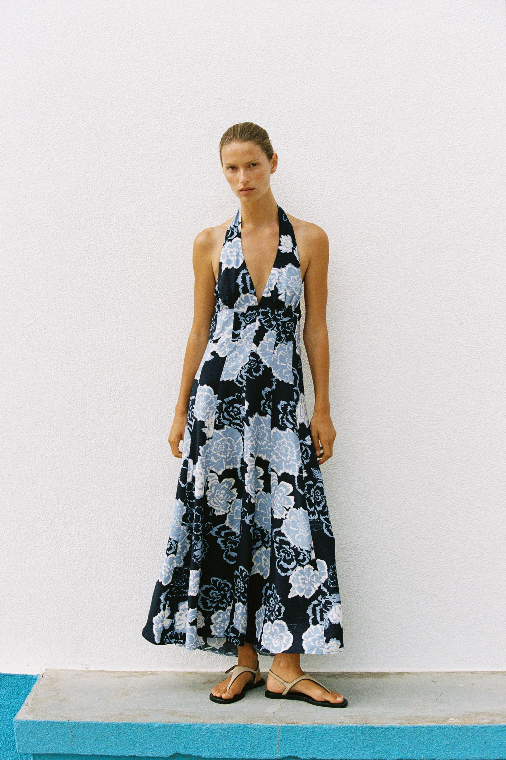 FLORAL PRINT HALTER MIDI DRESS | Zara US