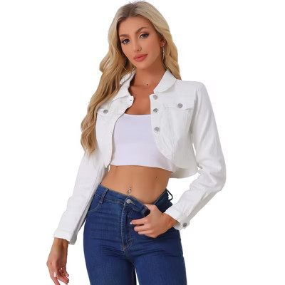 INSPIRE CHIC Women's Collared Button Down Long Sleeve Crop Jean Jacket White Small | Target