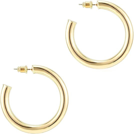 PAVOI 14K Gold Plated Lightweight Chunky Open Hoops | Gold Hoop Earrings for Women | Amazon (US)