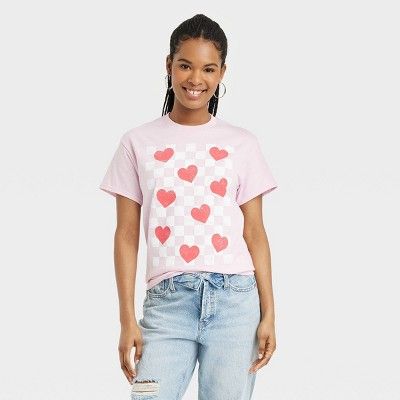 Women's Valentine's Day Check Short Sleeve Graphic T-Shirt - Light Pink | Target