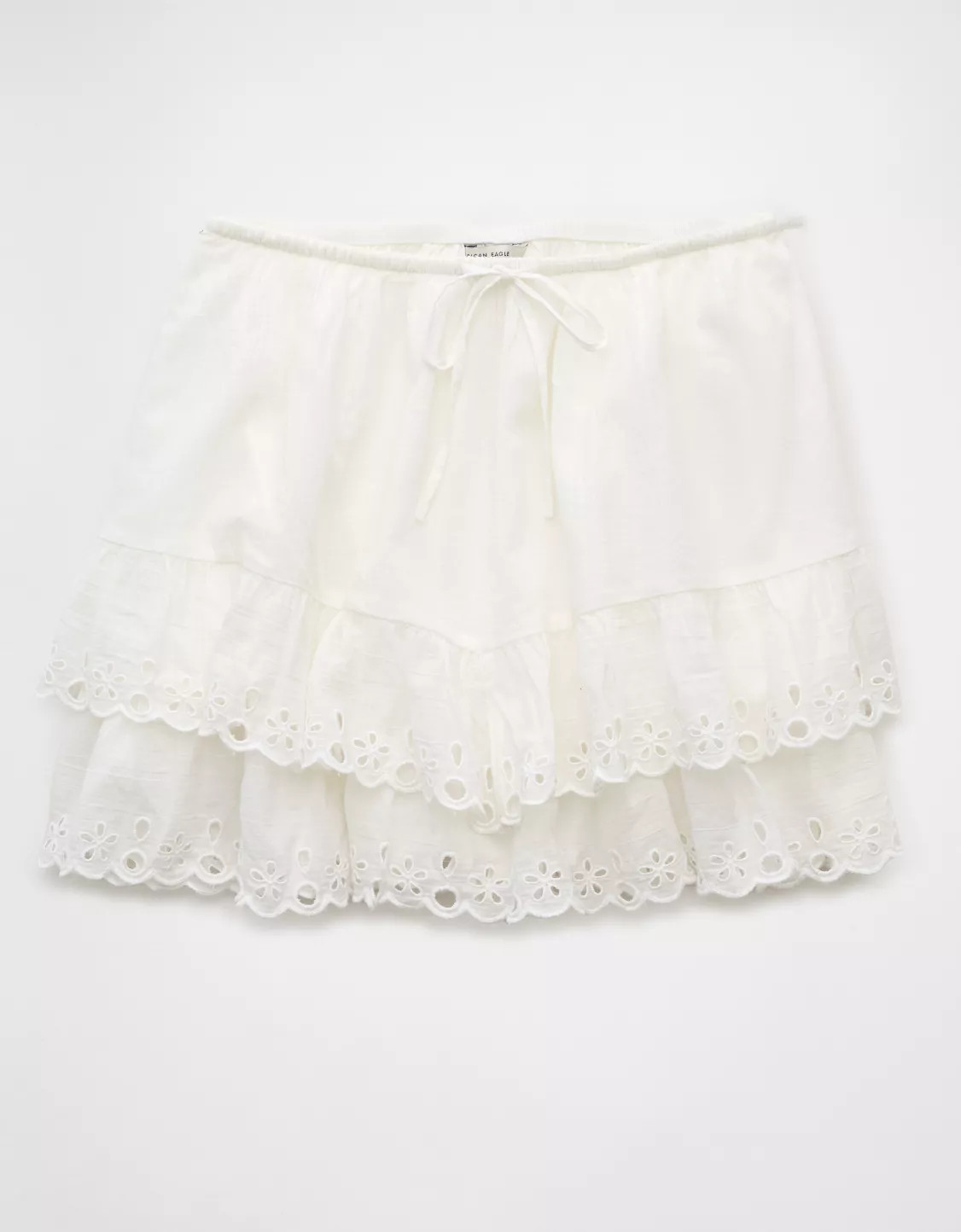 AE High-Waisted Embroidered Ruffle Mini Skirt | American Eagle Outfitters (US & CA)
