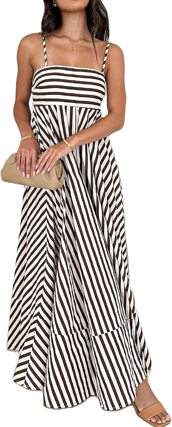 KMBANGI Women Striped Sleeveless Maxi Dress Swing Aline Midi Dress Backless Smocked Spaghetti Str... | Amazon (US)