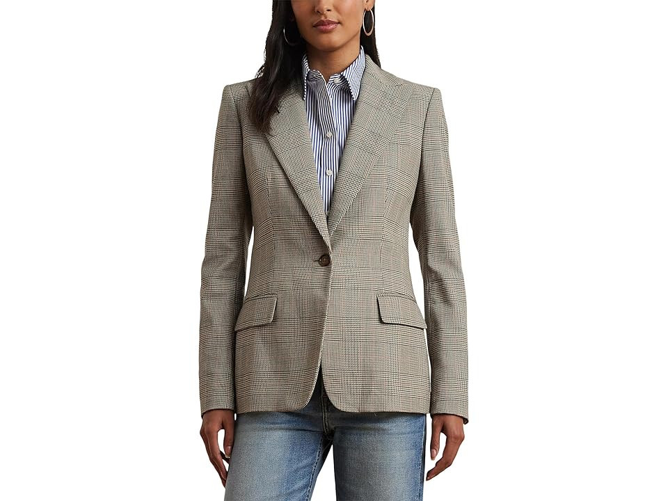 Lauren Ralph Lauren Glen Plaid Cotton Blend Twill Blazer Women's Jacket Navy/Tan : 16, Cotton/Elastane/Polyester | Zappos