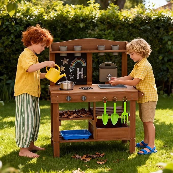 Mud Kitchen for Outdoor, Wooden Outdoor Pretend Kitchen with Sink, Water Slide, Faucet, Stove, Ch... | Amazon (US)