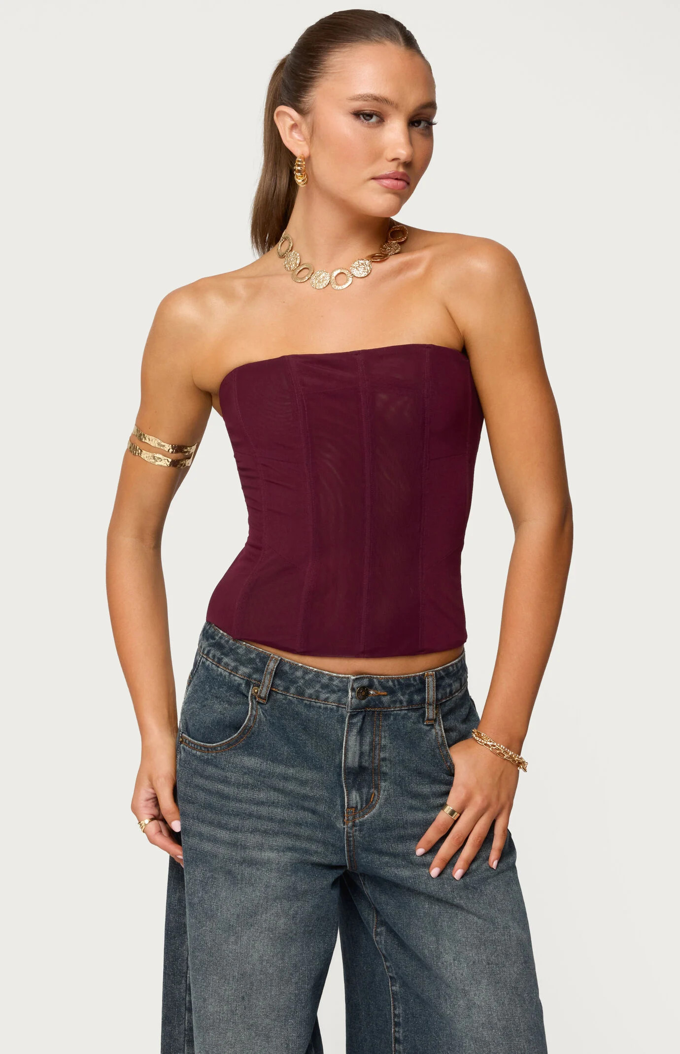 Edikted Women's Reed Sheer Mesh Corset in Wine - Size Medium | PacSun